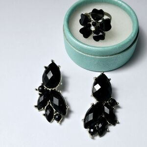 Vintage Black Floral Ring and Earrings Set